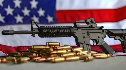 Ar-15 style rifle and ammunition resting on american flag