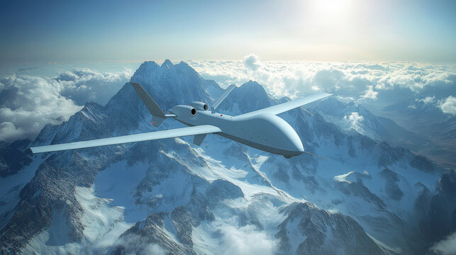 Unmanned military drone flying over snowy mountain range