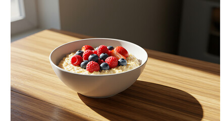 A bowl of oatmeal topped with fresh strawberries, blueberries, and raspberries sits on a wooden table, illuminated by sunlight streaming through a nearby window.