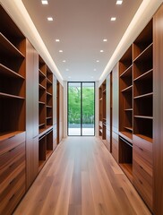 Modern walk-in closet interior with wooden shelves and drawers on both sides, minimalistic ceiling lights, and large glass door overlooking a green outdoor landscape

