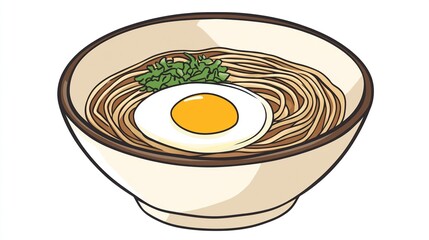 Bowl of noodles with a fried egg and leafy greens, in a white bowl