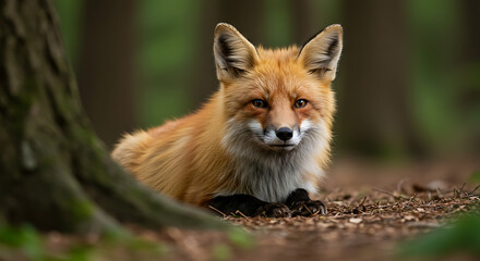 Red Fox in the Forest: A captivating portrait of a red fox resting in a tranquil forest setting, capturing the animal's alert gaze and vibrant fur in a moment of quiet observation.