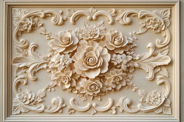 Ornate floral relief carving on a light beige panel.