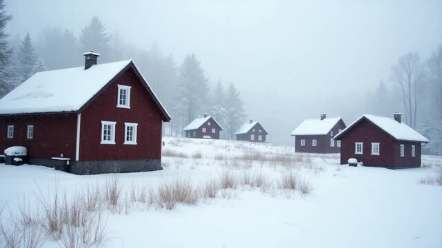 traditional Norwegian wooden houses under the fresh snow
