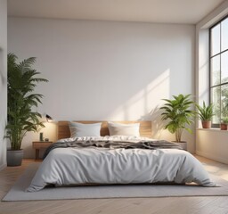 Cozy minimalist bedroom with natural light and plants, mattress, house, calm