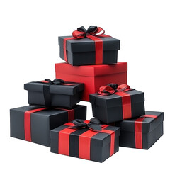 Obraz premium Elegant pile of black and red gift boxes arranged creatively on a Transparent background for festive occasions, Pile Black and Red Gift Boxes isolated on PNG background