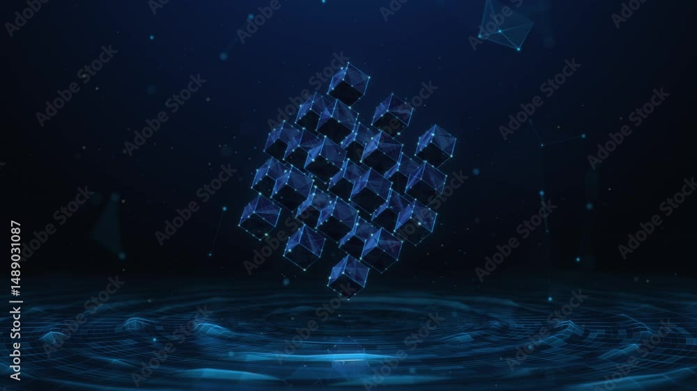 Poster low poly blockchain cubes spinning over circle water waves in center seamless animation.decentralize