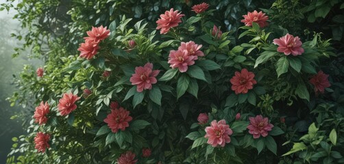 Naklejka premium Intricate green foliage with vibrant painted blooms, blossom, foliage, green