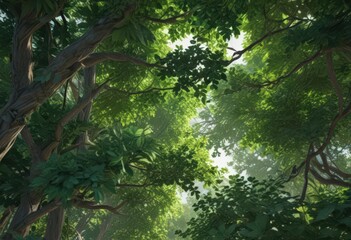 Deep emerald canopy, interwoven leaves, dappled light ,  dense,  exotic,  dappled