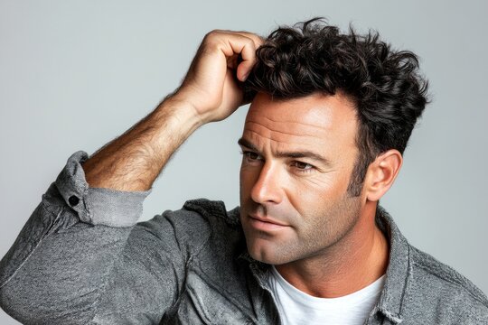 Pure white solid background. Conceptual art of style for aging men. Classy men's high fade haircut - midlife white man with hair. A man with expressive eyes and a joyful gaze.