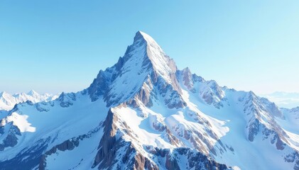 Snow covered mountain peak, brilliant white against clear sky, majestic, breathtaking, white background