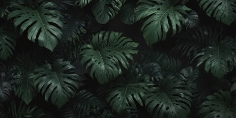 Intricate black background, lush dark green tropical leaves, wallpaper design, element, silhouette, print