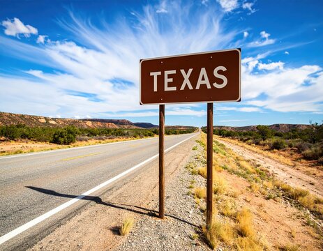 Texas road sign on a scenic desert highway under blue sky