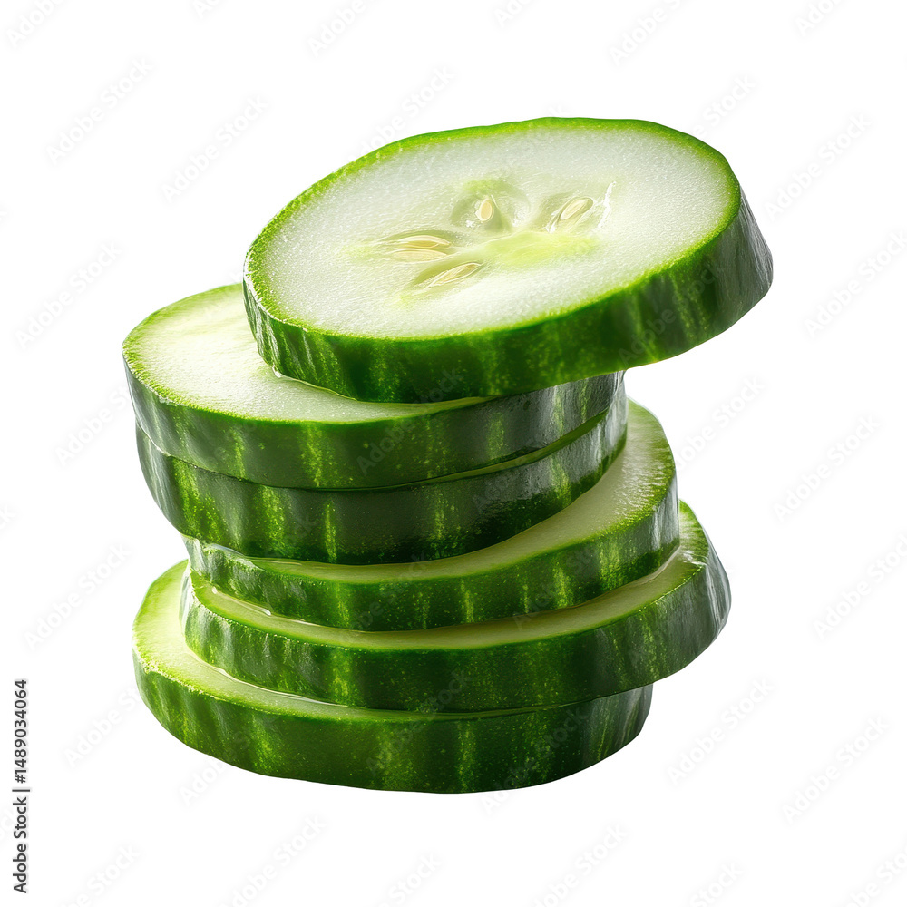 Poster fresh cucumber slices stacked neatly on a white background showcasing natural colors and textures, f
