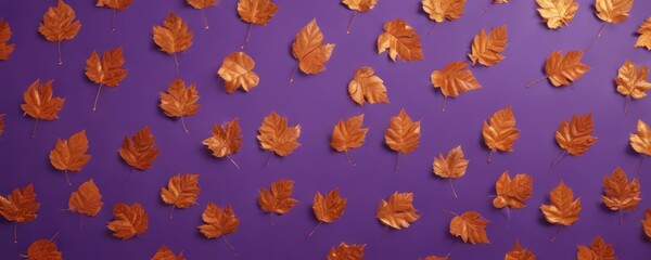 Dry orange metallic leaves, violet background  Geometric autumnal design , nature, abstract