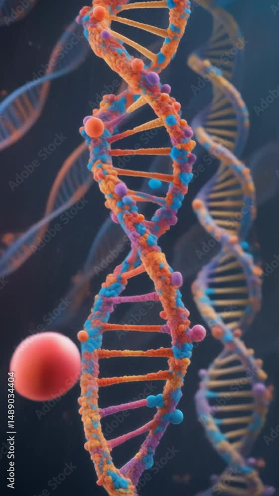 Poster close-up view of a vibrant dna double helix structure showcasing molecular details with colorful ele