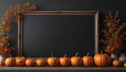 Elegant chalkboard frame with a carefully arranged display of small to medium sized pumpkins, fall foliage subtly placed ,  pumpkins,  green,  element