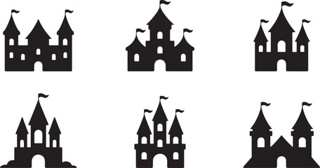 Six black castle silhouettes fairytale icons