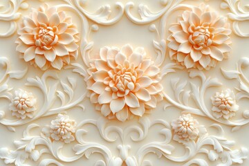 Ornate floral design with pale peach blossoms and white scrollwork.