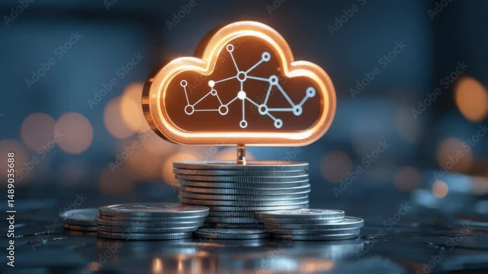 Poster glowing cloud icon with network connections placed on stacks of coins, symbolizing the integration o