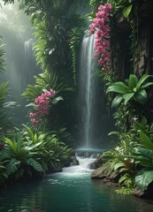 Emerald waterfall cascades through vibrant tropical foliage, orchids bloom nearby ,  exotic,  plants,  tropical