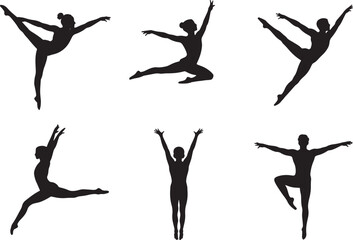 Six silhouettes of gymnasts in dynamic poses