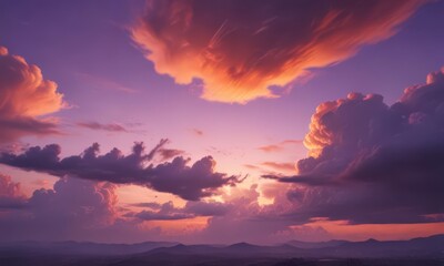 Fototapeta premium Fiery orange and purple clouds blaze across a vast, clear sky at sunset , fiery, nature, photo