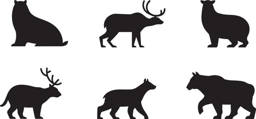 Six wild animal silhouettes black and white