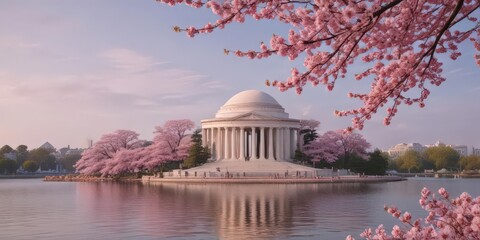 Pink cherry blossoms frame the Jefferson Memorial , floral, flowers, vibrant