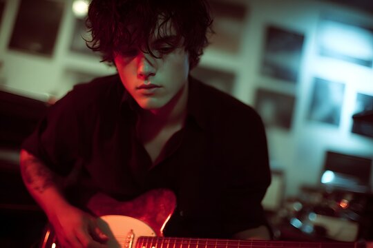 Solo Musician’s Moment: A captivating close-up of a musician, immersed in the act of playing an electric guitar, evoking feelings of artistic passion and creative expression. - Powered by Adobe