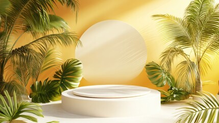 Fototapeta premium Tropical Summer: White Podium with Palm Leaves and Yellow Background