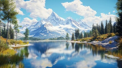 Scenic Lake with Snow-capped Mountains and Coniferous Forest