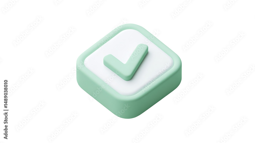 Poster 3d rendered green checkmark icon on a square with soft shadow and minimalist style