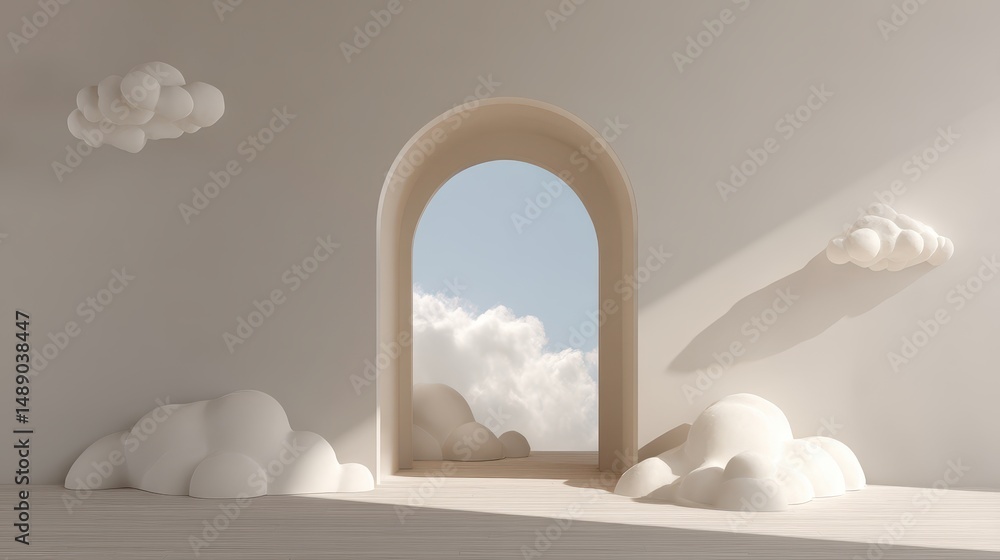 Aufkleber serene and minimalist interior space with soft clouds and open archway against a tranquil blue sky f