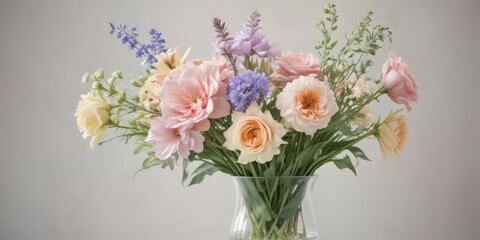 Fototapeta premium Soft pastel watercolor flower bouquet in a clear glass vase , creative, delicate