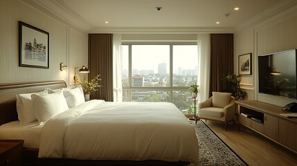 Luxurious hotel bedroom with city view, large bed, armchair, and TV.