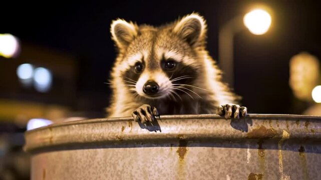 A raccoon peering out of a metal trash can at night with street lights in the background view