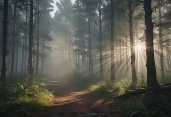 Obraz premium Sunbeams pierce misty forest, creating vibrant light show, sunbeams, mist