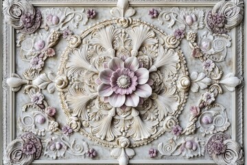 Ornate, decorative,  floral relief panel design, in light beige and mauve.