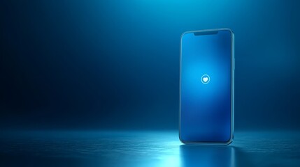 Smartphone with glowing white heart icon on its blue screen stands upright on reflective dark blue surface against blurred deep blue background