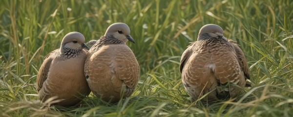 Obraz premium Two European turtle doves preening each other amidst tall grass blades , nature, Streptopelia turtur