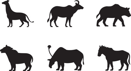 Six african wildlife silhouettes black and white