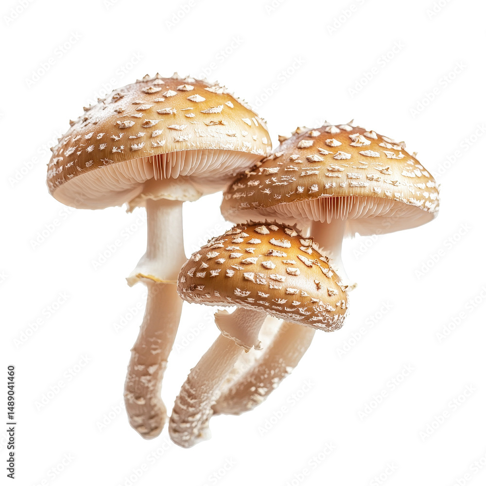 Poster flying mushrooms with distinctive caps on a white background creating a whimsical and natural effect