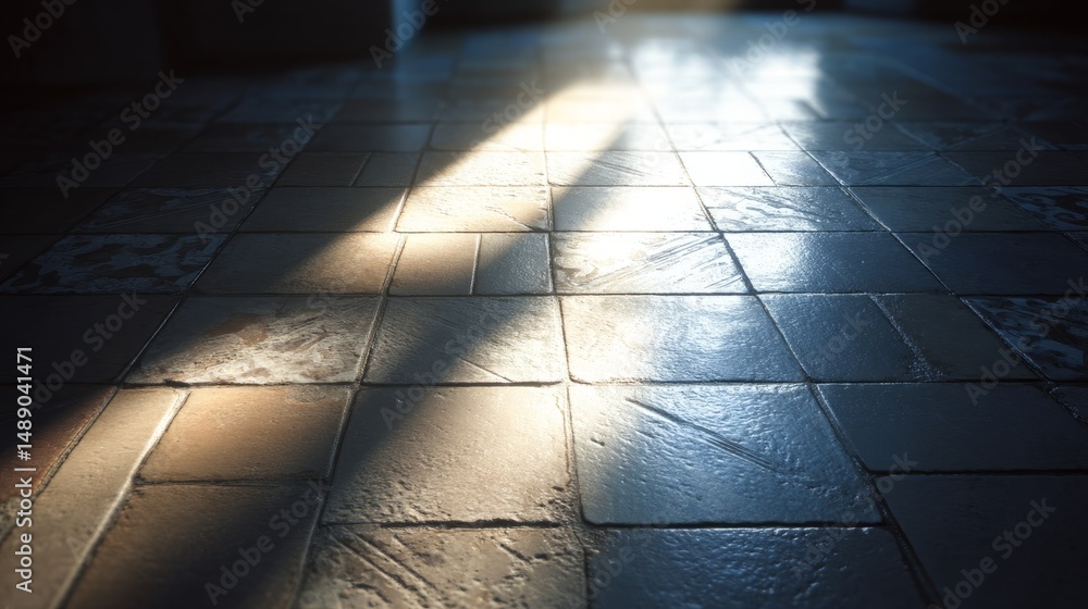 Poster close-up view of a tiled floor with sunlight and shadows creating a dramatic effect.
