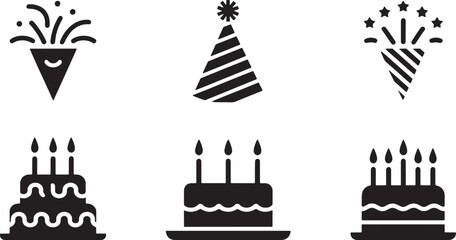 Festive birthday party icons set celebration graphics