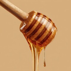 Golden honey dripping from a wooden dipper against a beige background. Sweetness captured in a single frame.