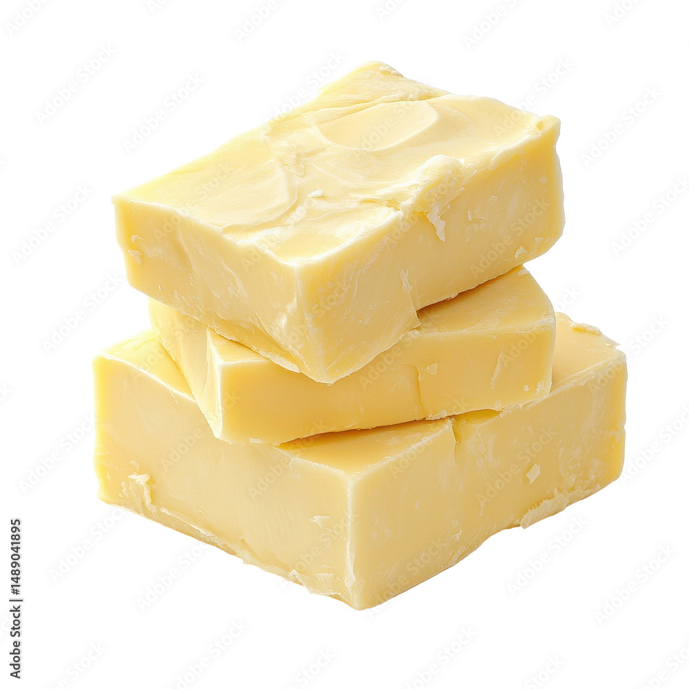 Poster butter block stacked on a white background showcasing its creamy texture and rich color, butter bloc