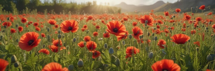 Vibrant red poppies bloom in a sun-drenched summer meadow , meadow, plant, nature