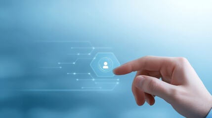 Hand activating button on vibrant blue background symbol of modern technology and control