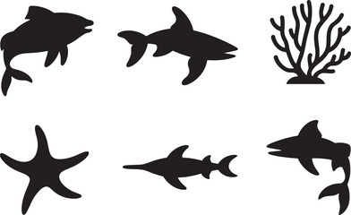 Ocean life silhouettes sharks starfish coral
